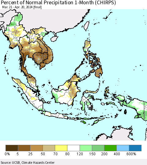 South East Asia Percent of Normal Precipitation 1-Month (CHIRPS) Thematic Map For 3/21/2024 - 4/20/2024