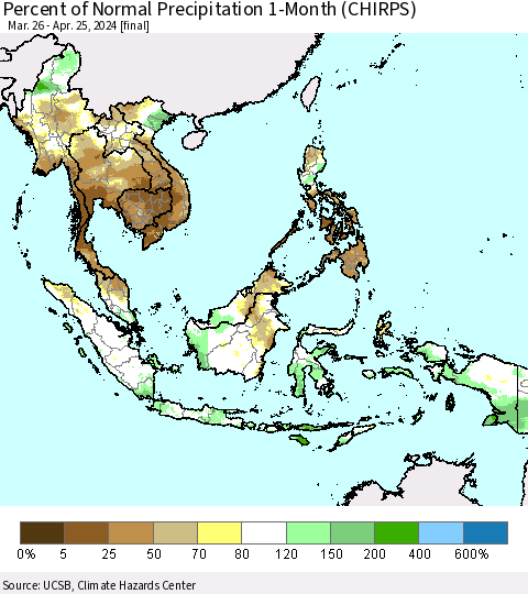 South East Asia Percent of Normal Precipitation 1-Month (CHIRPS) Thematic Map For 3/26/2024 - 4/25/2024