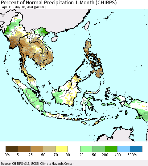 South East Asia Percent of Normal Precipitation 1-Month (CHIRPS) Thematic Map For 4/11/2024 - 5/10/2024