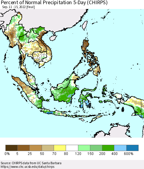 South East Asia Percent of Normal Precipitation 5-Day (CHIRPS) Thematic Map For 9/11/2022 - 9/15/2022