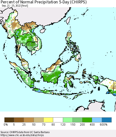 South East Asia Percent of Normal Precipitation 5-Day (CHIRPS) Thematic Map For 9/21/2022 - 9/25/2022