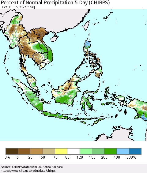 South East Asia Percent of Normal Precipitation 5-Day (CHIRPS) Thematic Map For 10/11/2022 - 10/15/2022