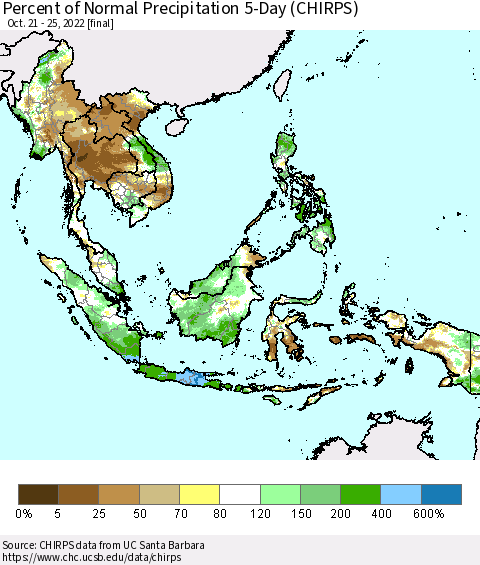 South East Asia Percent of Normal Precipitation 5-Day (CHIRPS) Thematic Map For 10/21/2022 - 10/25/2022