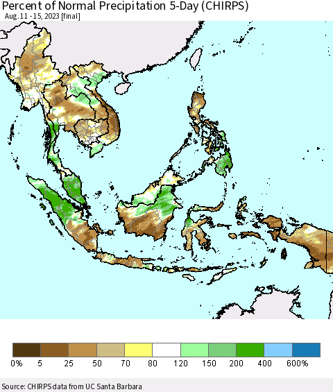 South East Asia Percent of Normal Precipitation 5-Day (CHIRPS) Thematic Map For 8/11/2023 - 8/15/2023