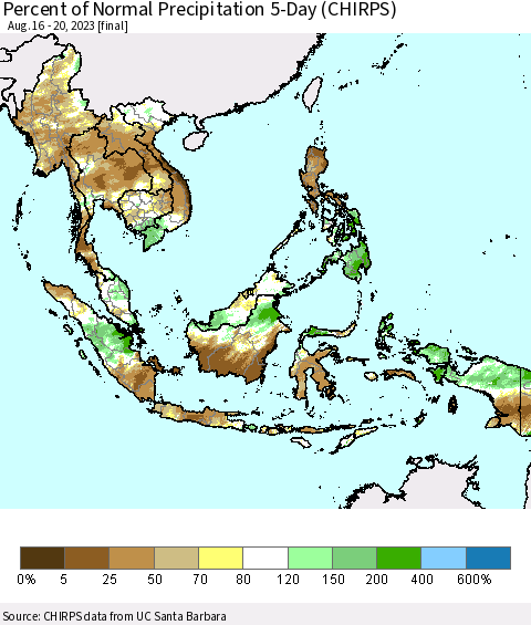 South East Asia Percent of Normal Precipitation 5-Day (CHIRPS) Thematic Map For 8/16/2023 - 8/20/2023