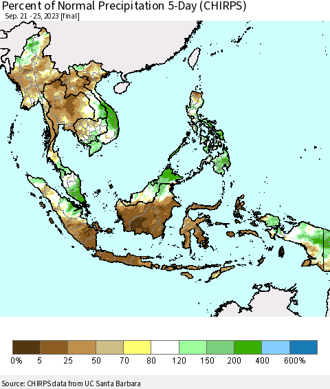 South East Asia Percent of Normal Precipitation 5-Day (CHIRPS) Thematic Map For 9/21/2023 - 9/25/2023