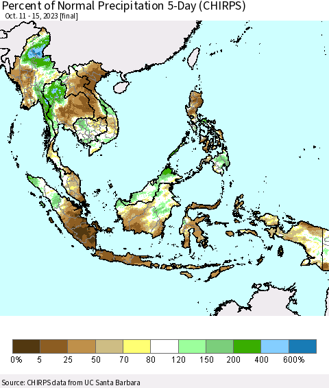 South East Asia Percent of Normal Precipitation 5-Day (CHIRPS) Thematic Map For 10/11/2023 - 10/15/2023