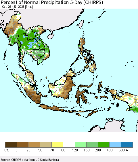 South East Asia Percent of Normal Precipitation 5-Day (CHIRPS) Thematic Map For 10/26/2023 - 10/31/2023