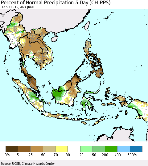 South East Asia Percent of Normal Precipitation 5-Day (CHIRPS) Thematic Map For 2/11/2024 - 2/15/2024