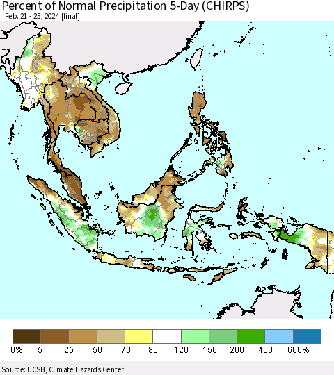 South East Asia Percent of Normal Precipitation 5-Day (CHIRPS) Thematic Map For 2/21/2024 - 2/25/2024