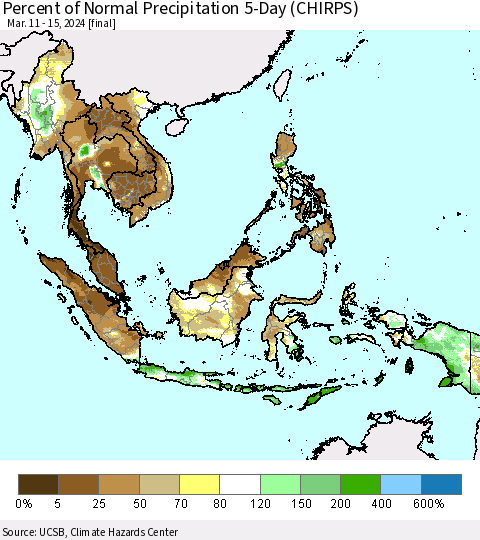 South East Asia Percent of Normal Precipitation 5-Day (CHIRPS) Thematic Map For 3/11/2024 - 3/15/2024