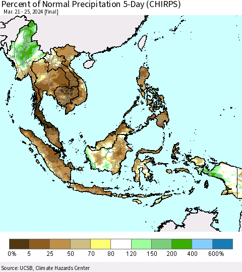 South East Asia Percent of Normal Precipitation 5-Day (CHIRPS) Thematic Map For 3/21/2024 - 3/25/2024