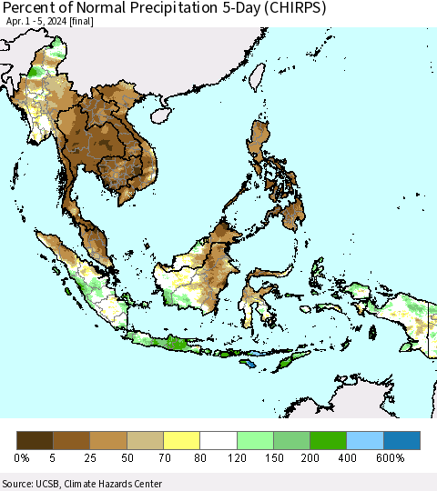 South East Asia Percent of Normal Precipitation 5-Day (CHIRPS) Thematic Map For 4/1/2024 - 4/5/2024