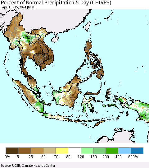 South East Asia Percent of Normal Precipitation 5-Day (CHIRPS) Thematic Map For 4/11/2024 - 4/15/2024