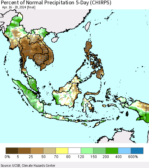 South East Asia Percent of Normal Precipitation 5-Day (CHIRPS) Thematic Map For 4/16/2024 - 4/20/2024
