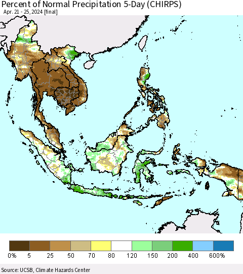 South East Asia Percent of Normal Precipitation 5-Day (CHIRPS) Thematic Map For 4/21/2024 - 4/25/2024