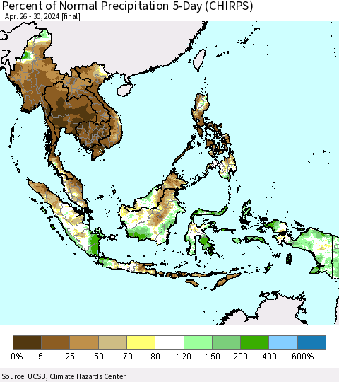 South East Asia Percent of Normal Precipitation 5-Day (CHIRPS) Thematic Map For 4/26/2024 - 4/30/2024