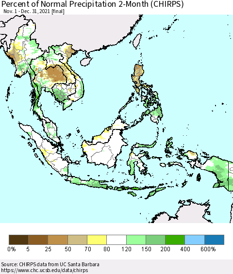 South East Asia Percent of Normal Precipitation 2-Month (CHIRPS) Thematic Map For 11/1/2021 - 12/31/2021