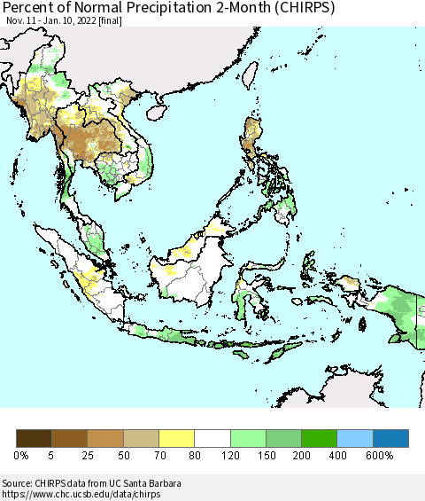 South East Asia Percent of Normal Precipitation 2-Month (CHIRPS) Thematic Map For 11/11/2021 - 1/10/2022