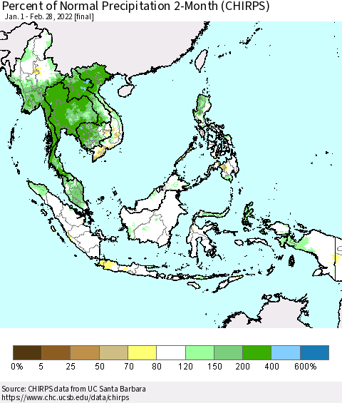 South East Asia Percent of Normal Precipitation 2-Month (CHIRPS) Thematic Map For 1/1/2022 - 2/28/2022