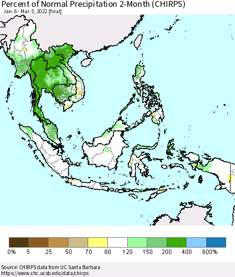 South East Asia Percent of Normal Precipitation 2-Month (CHIRPS) Thematic Map For 1/6/2022 - 3/5/2022