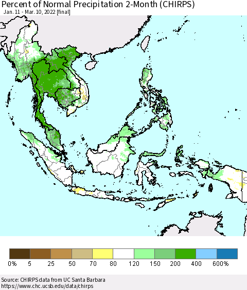South East Asia Percent of Normal Precipitation 2-Month (CHIRPS) Thematic Map For 1/11/2022 - 3/10/2022