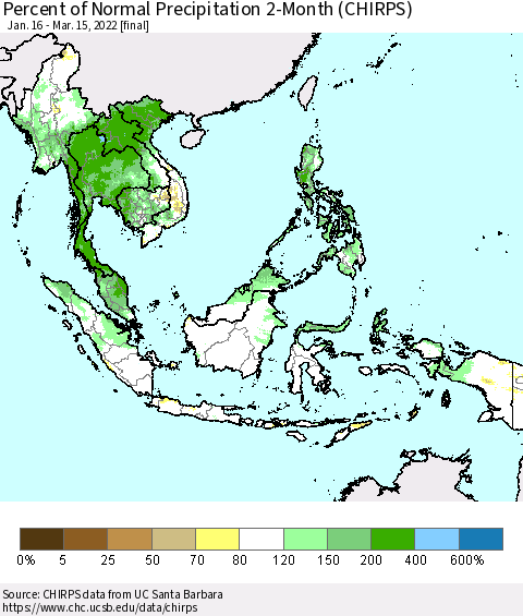 South East Asia Percent of Normal Precipitation 2-Month (CHIRPS) Thematic Map For 1/16/2022 - 3/15/2022