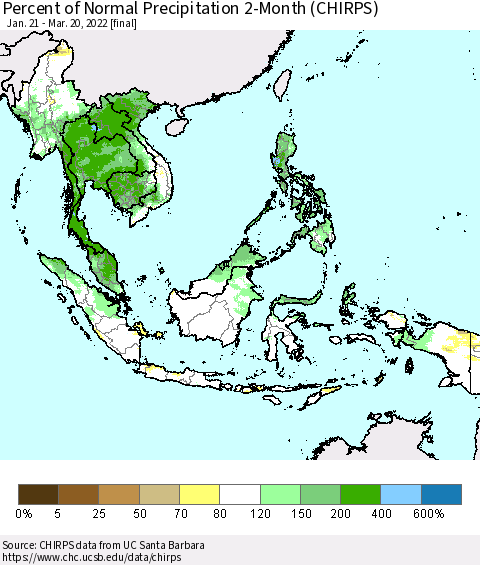 South East Asia Percent of Normal Precipitation 2-Month (CHIRPS) Thematic Map For 1/21/2022 - 3/20/2022