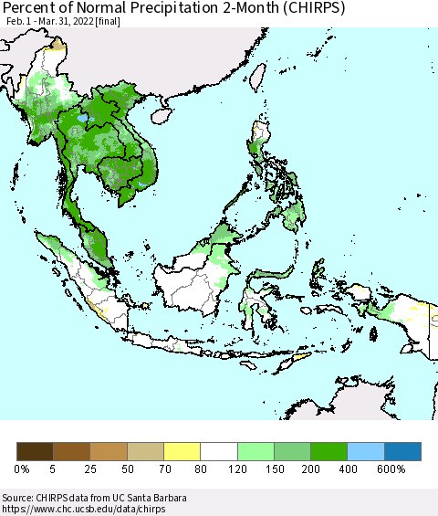 South East Asia Percent of Normal Precipitation 2-Month (CHIRPS) Thematic Map For 2/1/2022 - 3/31/2022