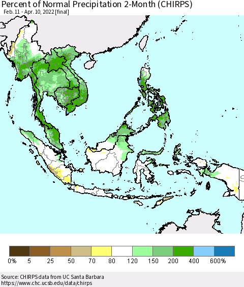 South East Asia Percent of Normal Precipitation 2-Month (CHIRPS) Thematic Map For 2/11/2022 - 4/10/2022