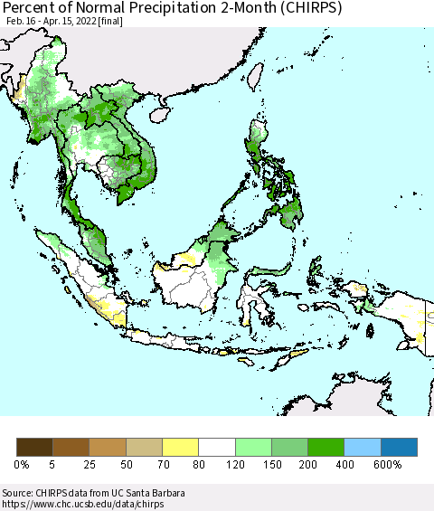 South East Asia Percent of Normal Precipitation 2-Month (CHIRPS) Thematic Map For 2/16/2022 - 4/15/2022
