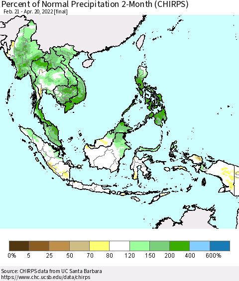 South East Asia Percent of Normal Precipitation 2-Month (CHIRPS) Thematic Map For 2/21/2022 - 4/20/2022