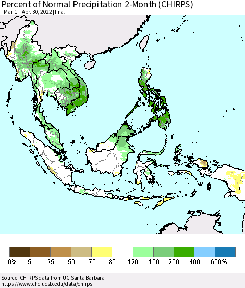 South East Asia Percent of Normal Precipitation 2-Month (CHIRPS) Thematic Map For 3/1/2022 - 4/30/2022