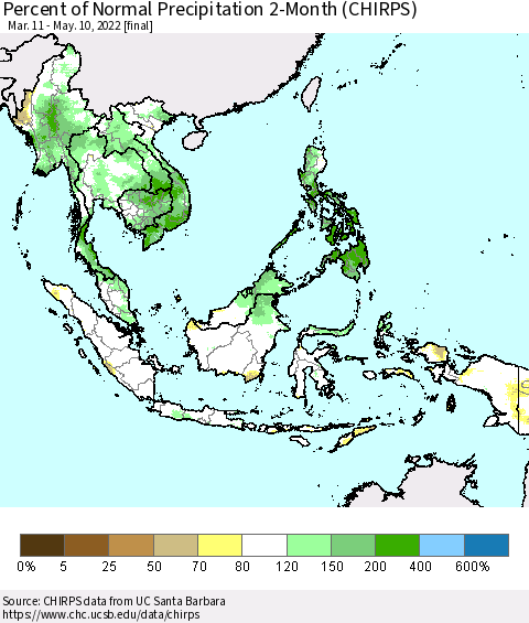 South East Asia Percent of Normal Precipitation 2-Month (CHIRPS) Thematic Map For 3/11/2022 - 5/10/2022