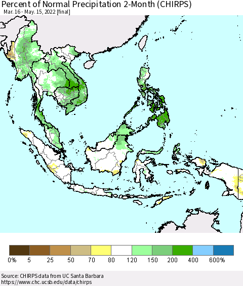South East Asia Percent of Normal Precipitation 2-Month (CHIRPS) Thematic Map For 3/16/2022 - 5/15/2022