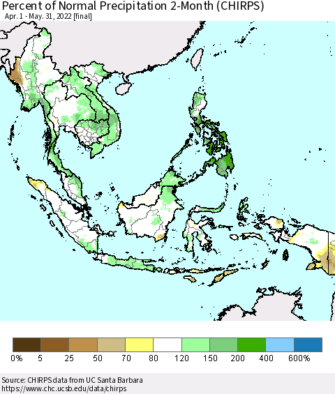South East Asia Percent of Normal Precipitation 2-Month (CHIRPS) Thematic Map For 4/1/2022 - 5/31/2022