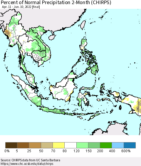 South East Asia Percent of Normal Precipitation 2-Month (CHIRPS) Thematic Map For 4/11/2022 - 6/10/2022
