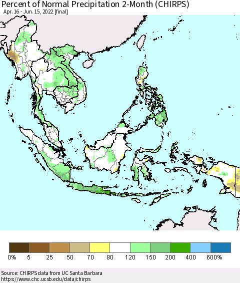 South East Asia Percent of Normal Precipitation 2-Month (CHIRPS) Thematic Map For 4/16/2022 - 6/15/2022