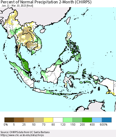 South East Asia Percent of Normal Precipitation 2-Month (CHIRPS) Thematic Map For 1/11/2023 - 3/10/2023