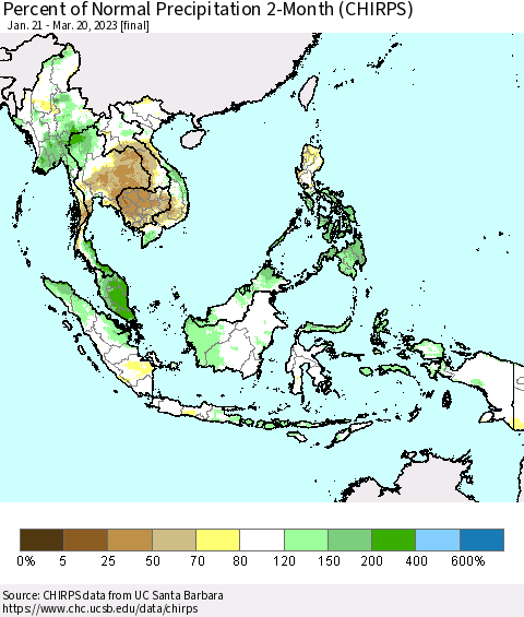 South East Asia Percent of Normal Precipitation 2-Month (CHIRPS) Thematic Map For 1/21/2023 - 3/20/2023