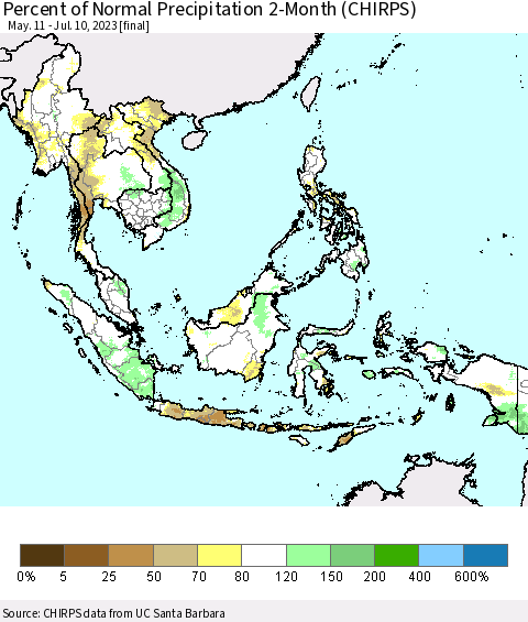 South East Asia Percent of Normal Precipitation 2-Month (CHIRPS) Thematic Map For 5/11/2023 - 7/10/2023