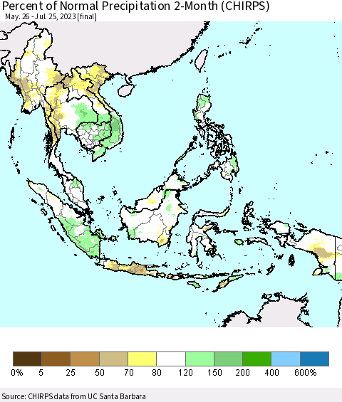 South East Asia Percent of Normal Precipitation 2-Month (CHIRPS) Thematic Map For 5/26/2023 - 7/25/2023