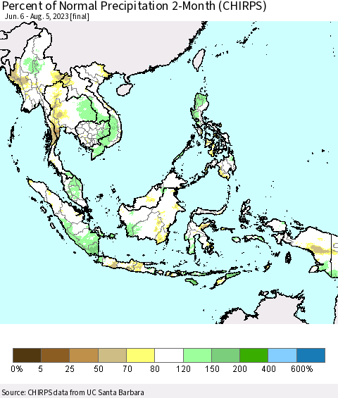 South East Asia Percent of Normal Precipitation 2-Month (CHIRPS) Thematic Map For 6/6/2023 - 8/5/2023
