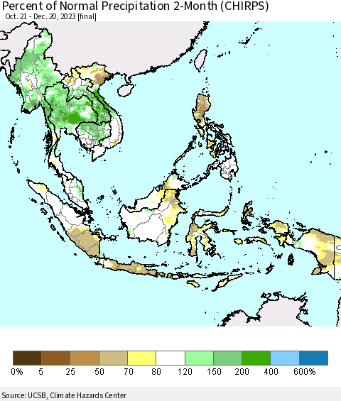 South East Asia Percent of Normal Precipitation 2-Month (CHIRPS) Thematic Map For 10/21/2023 - 12/20/2023