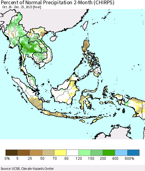 South East Asia Percent of Normal Precipitation 2-Month (CHIRPS) Thematic Map For 10/26/2023 - 12/25/2023