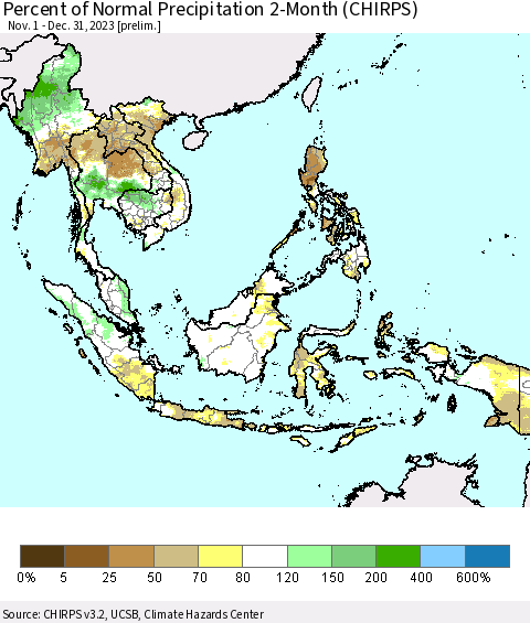 South East Asia Percent of Normal Precipitation 2-Month (CHIRPS) Thematic Map For 11/1/2023 - 12/31/2023