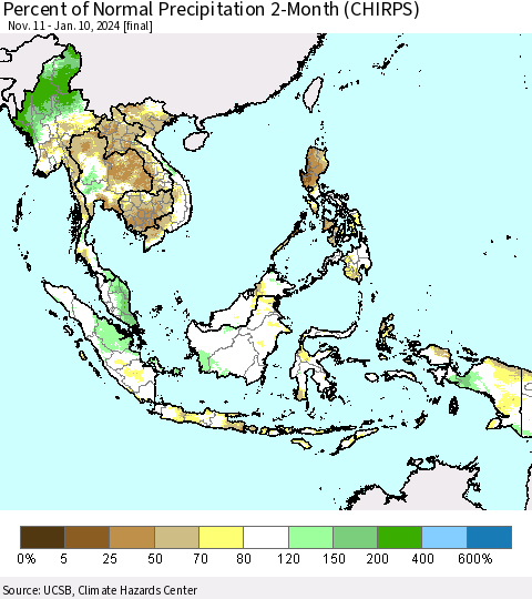 South East Asia Percent of Normal Precipitation 2-Month (CHIRPS) Thematic Map For 11/11/2023 - 1/10/2024