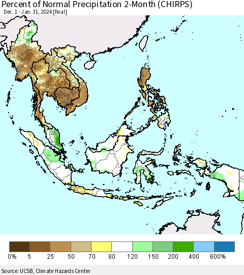 South East Asia Percent of Normal Precipitation 2-Month (CHIRPS) Thematic Map For 12/1/2023 - 1/31/2024