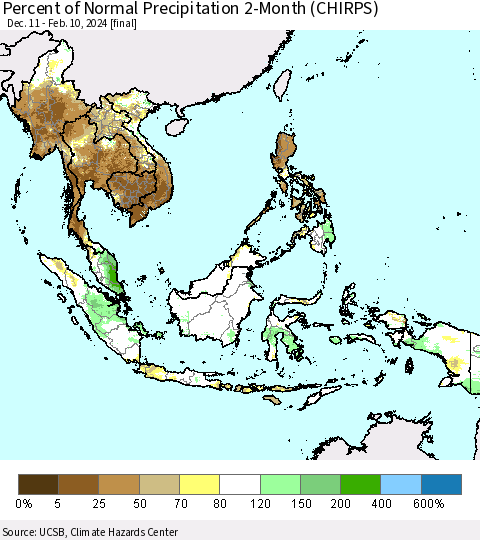 South East Asia Percent of Normal Precipitation 2-Month (CHIRPS) Thematic Map For 12/11/2023 - 2/10/2024