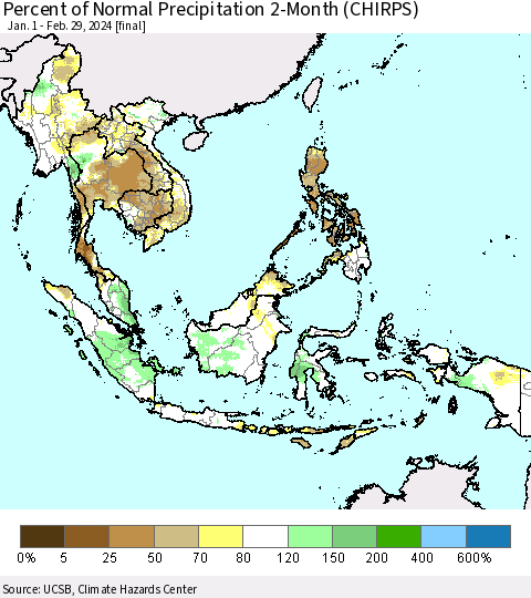 South East Asia Percent of Normal Precipitation 2-Month (CHIRPS) Thematic Map For 1/1/2024 - 2/29/2024